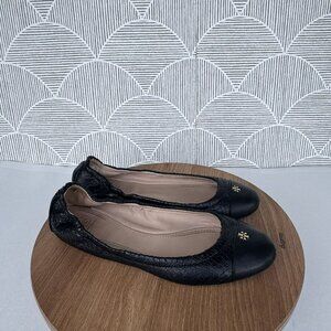 Tory Burch Black Snake Skin Leather Ballet Flats Cap Toe‎ Logo Accents Size 7.5M